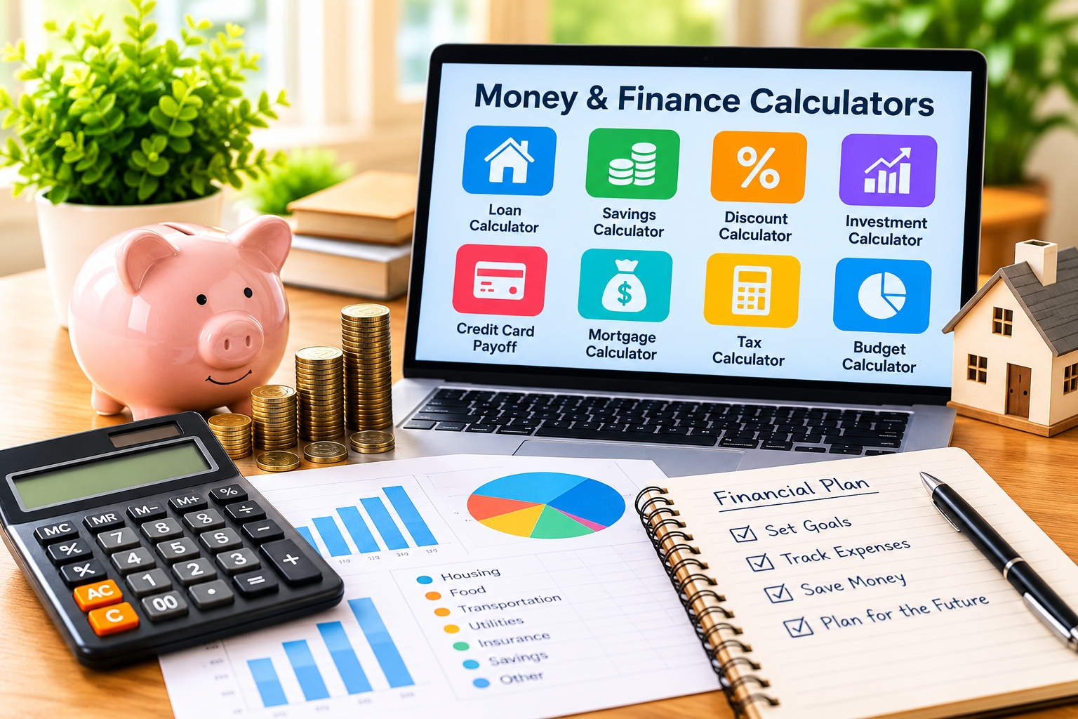 Money and Finance calculators for loans, savings, discounts, mortgages, taxes and budgeting