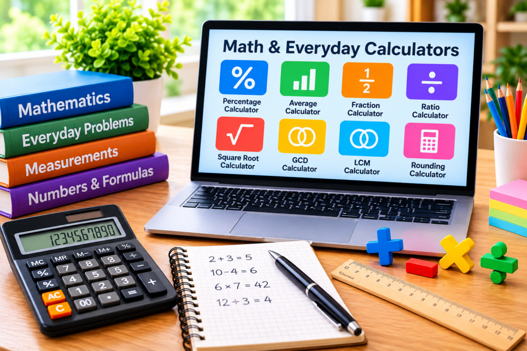 Math and Everyday calculators for percentages, averages, fractions, ratios and everyday math problems